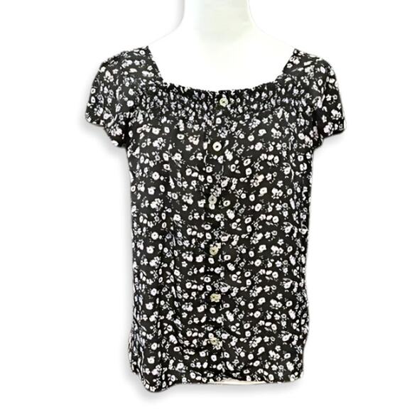 No Boundaries Blouse Floral Button Down Short Sleeve Black White Juniors L 11/13 - Picture 1 of 8